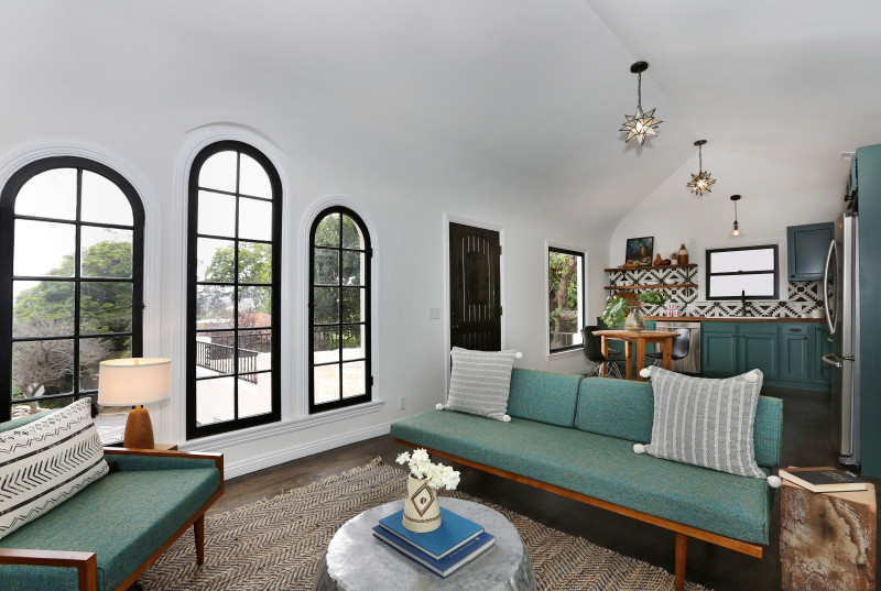 real estate development, spanish revival, los feliz, los angeles, white stucco, teal windows, spanish colonial, hand painted tile